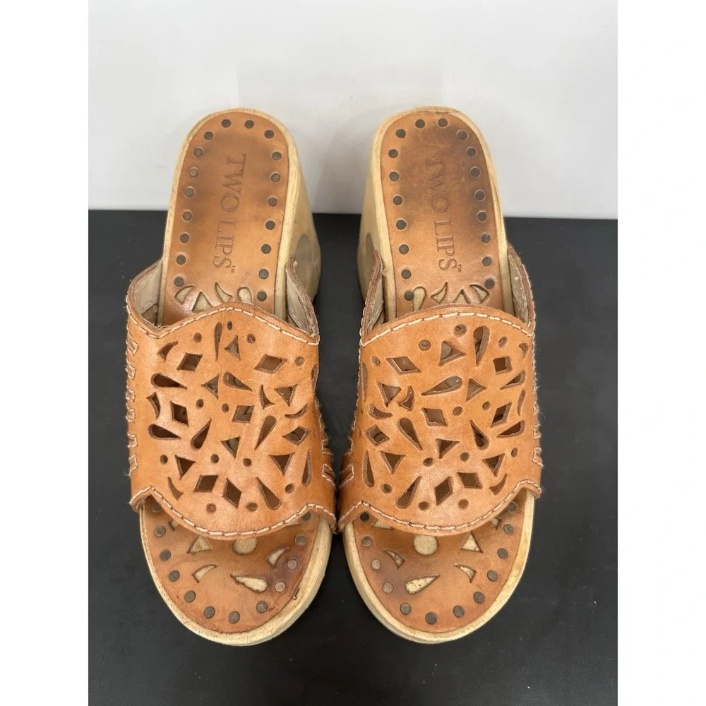 Y2K Vintage Wedge Sandals 5 Tan Leather Chunky Platform Wooden Block Heel Cutout